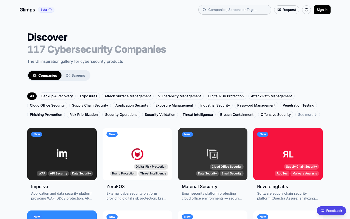 The Glimps homepage, showing a searchable gallery of 117 cybersecurity companies with filter tags and product screen cards.